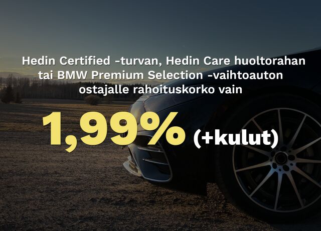 Hedin Certified -turvan, Hedin Care huoltorahan tai BMW Premium Selection -vaihtoauton ostajalle rahoituskorko vain 1,99 % +kulut!