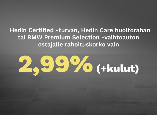 Hedin Certified -turvan, Hedin Care huoltorahan tai BMW Premium Selection -vaihtoauton ostajalle rahoituskorko vain 2,99 % +kulut!